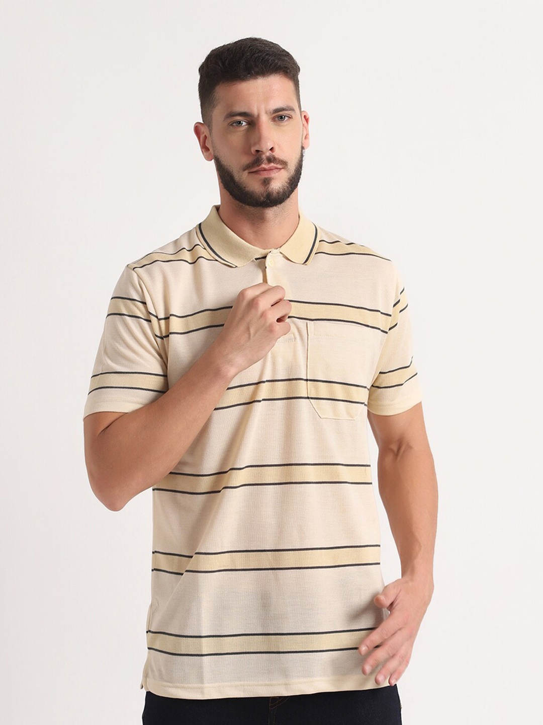 

INKKR Striped Polo Collar T-shirt, Cream