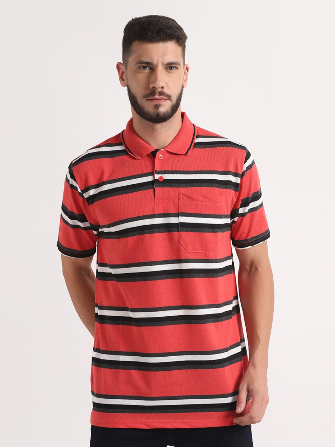 

INKKR Striped Polo Collar Short Sleeves T-shirt, Red