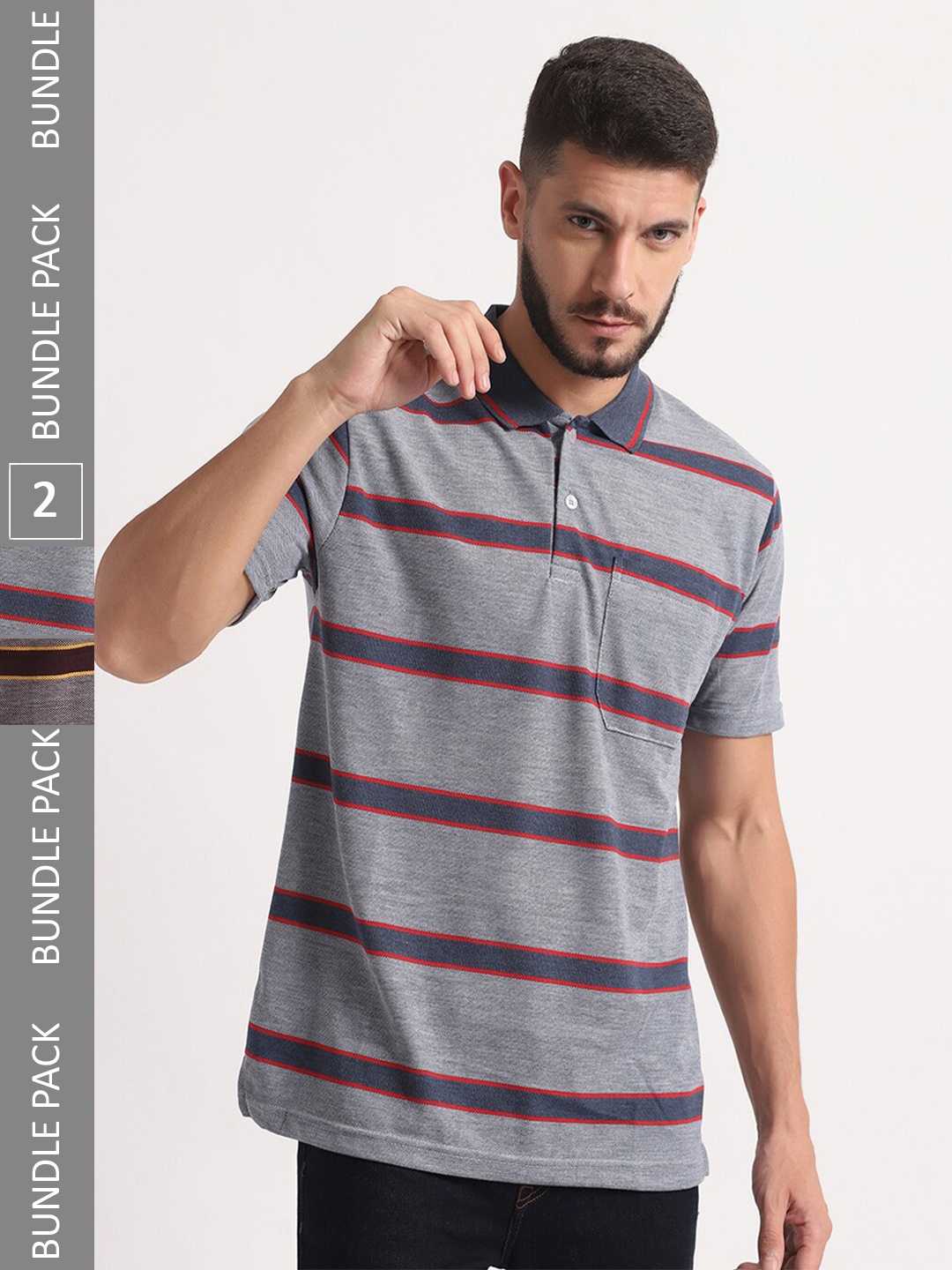 

INKKR Striped Polo Collar Cotton T-shirt, Grey