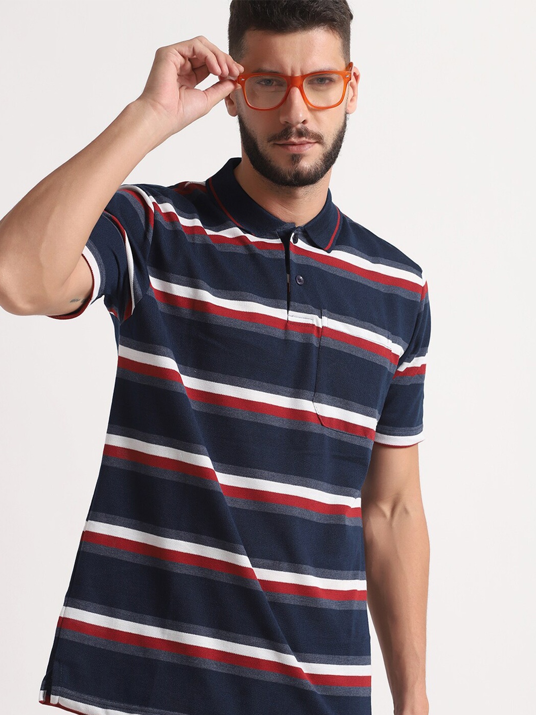 

INKKR Striped Polo Collar T-shirt, Navy blue