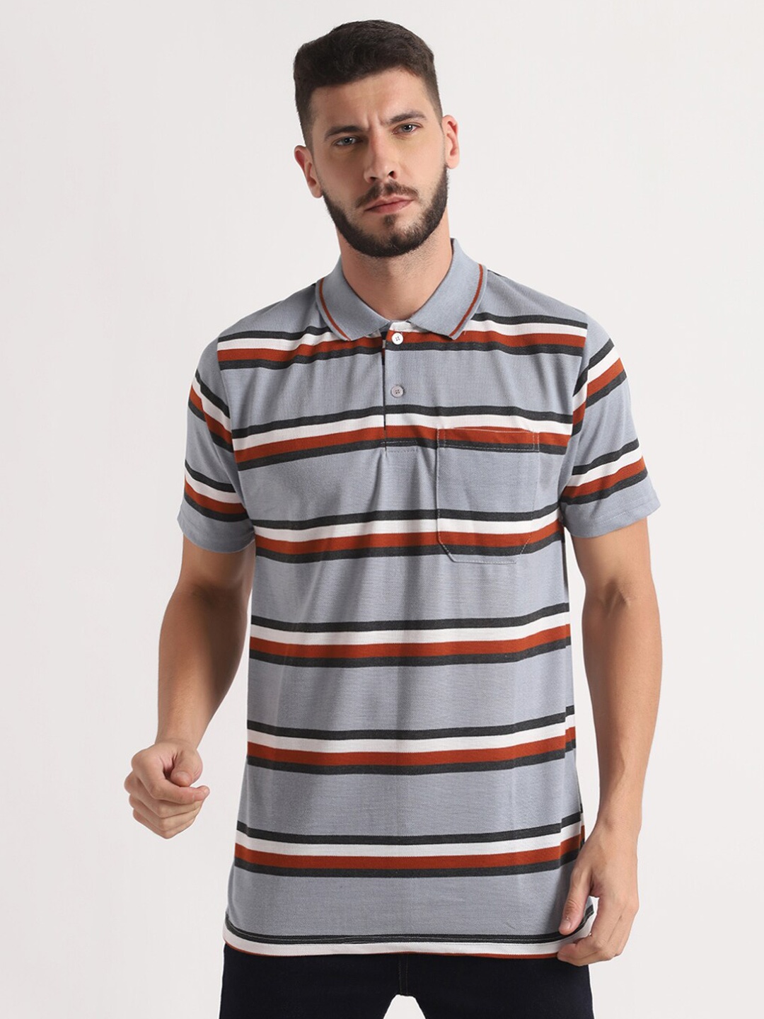 

INKKR Striped Polo Collar T-shirt, Grey
