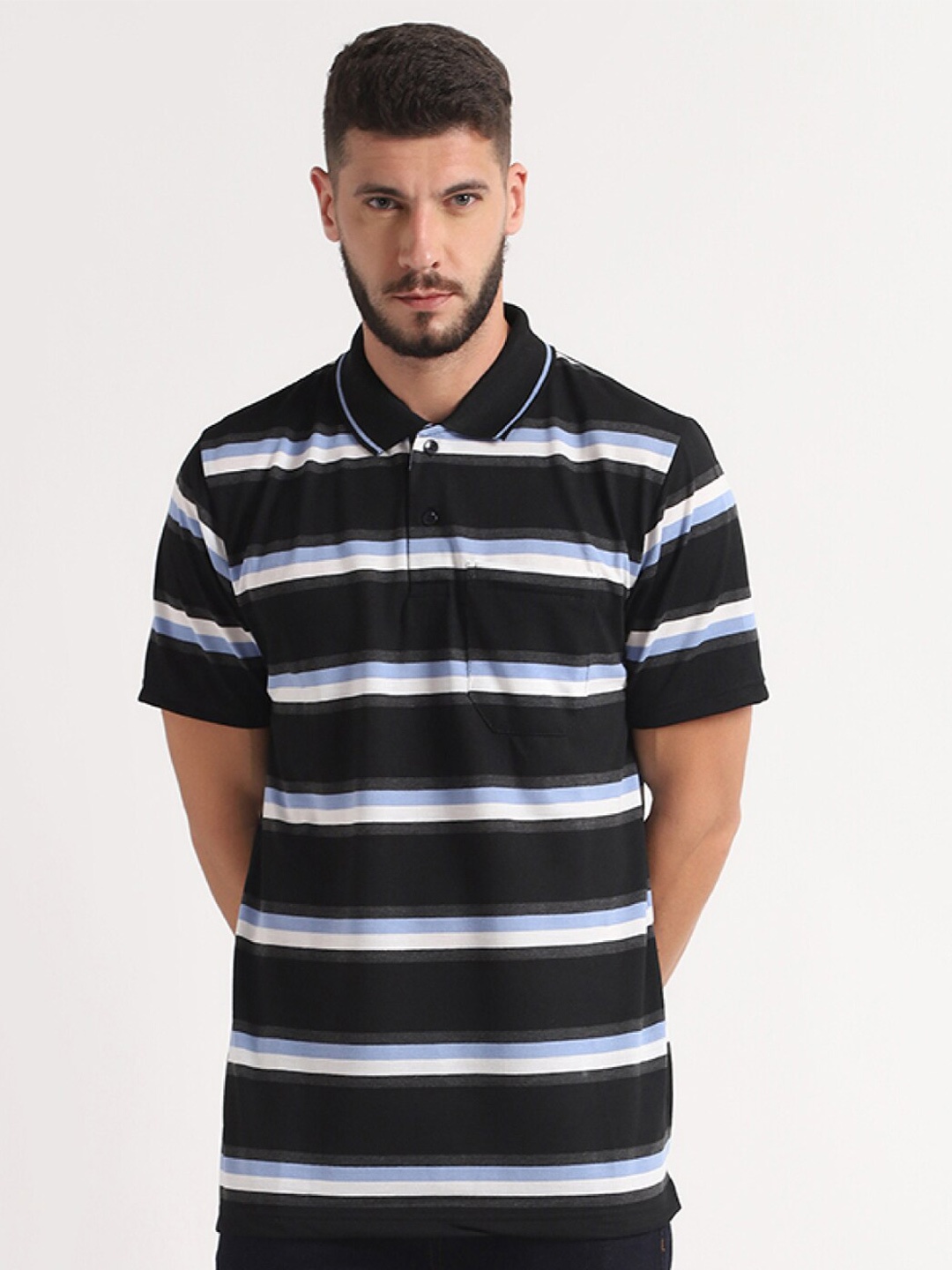 

INKKR Striped Polo Collar T-shirt, Black