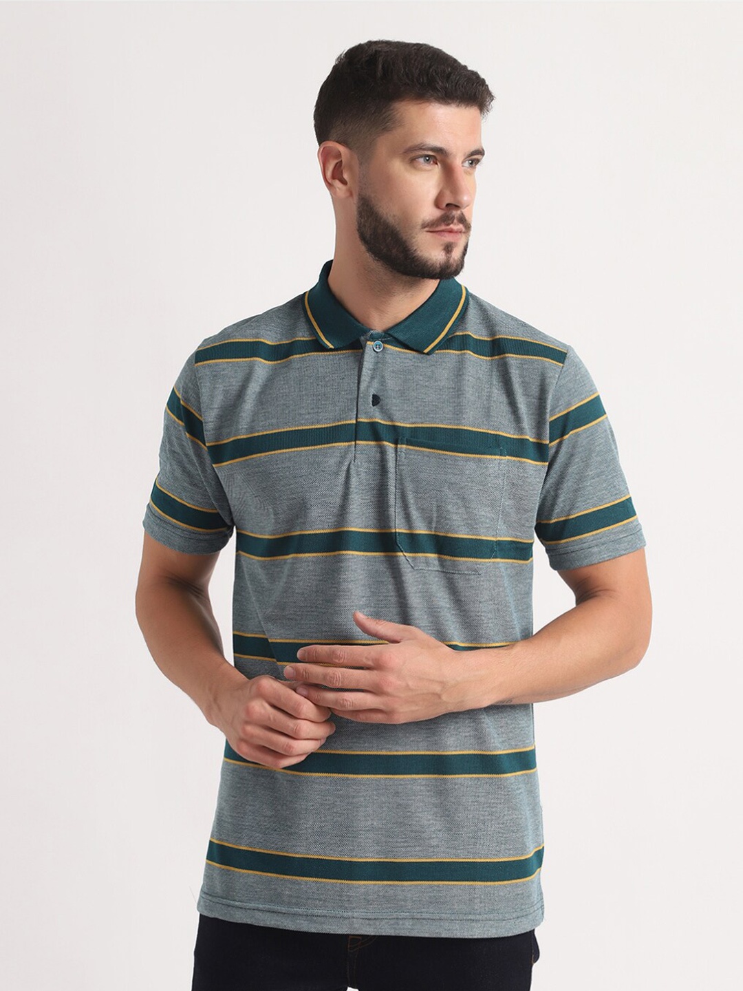 

INKKR Striped Polo Collar T-shirt, Grey