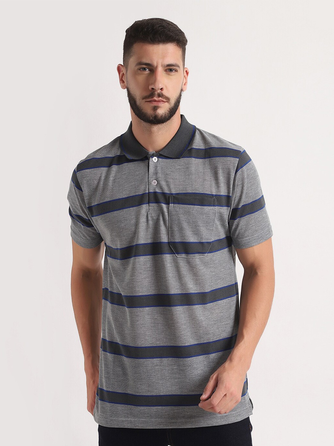 

INKKR Striped Polo Collar Short Sleeves T-shirt, Grey