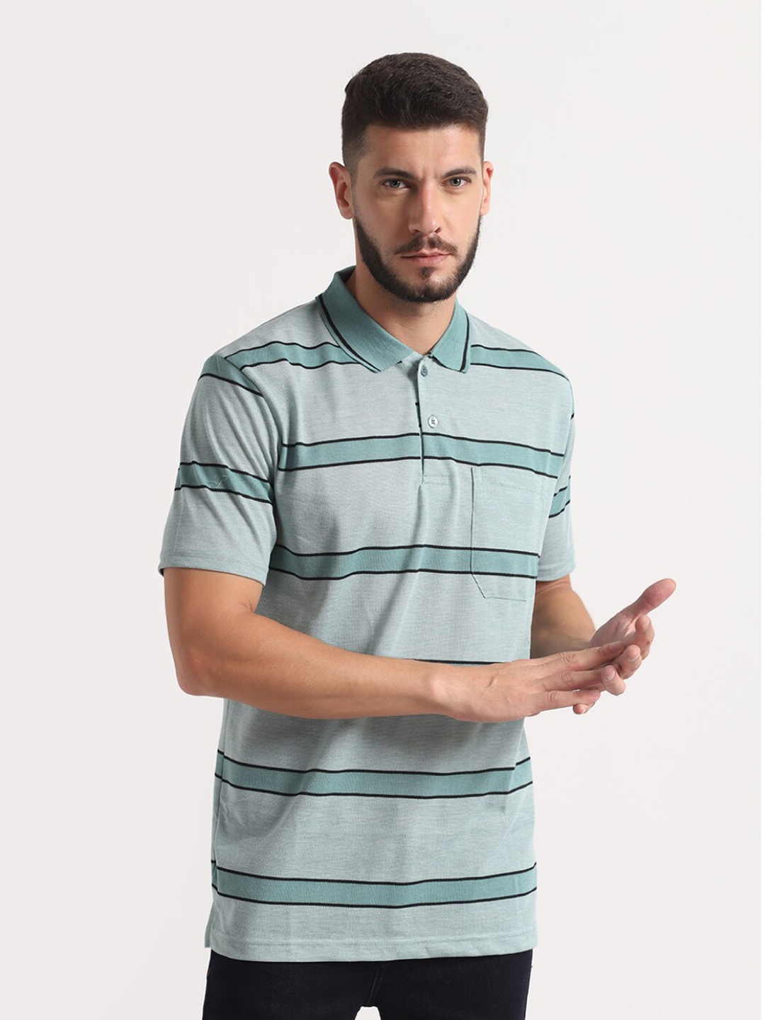 

INKKR Striped Polo Collar T-shirt, Green