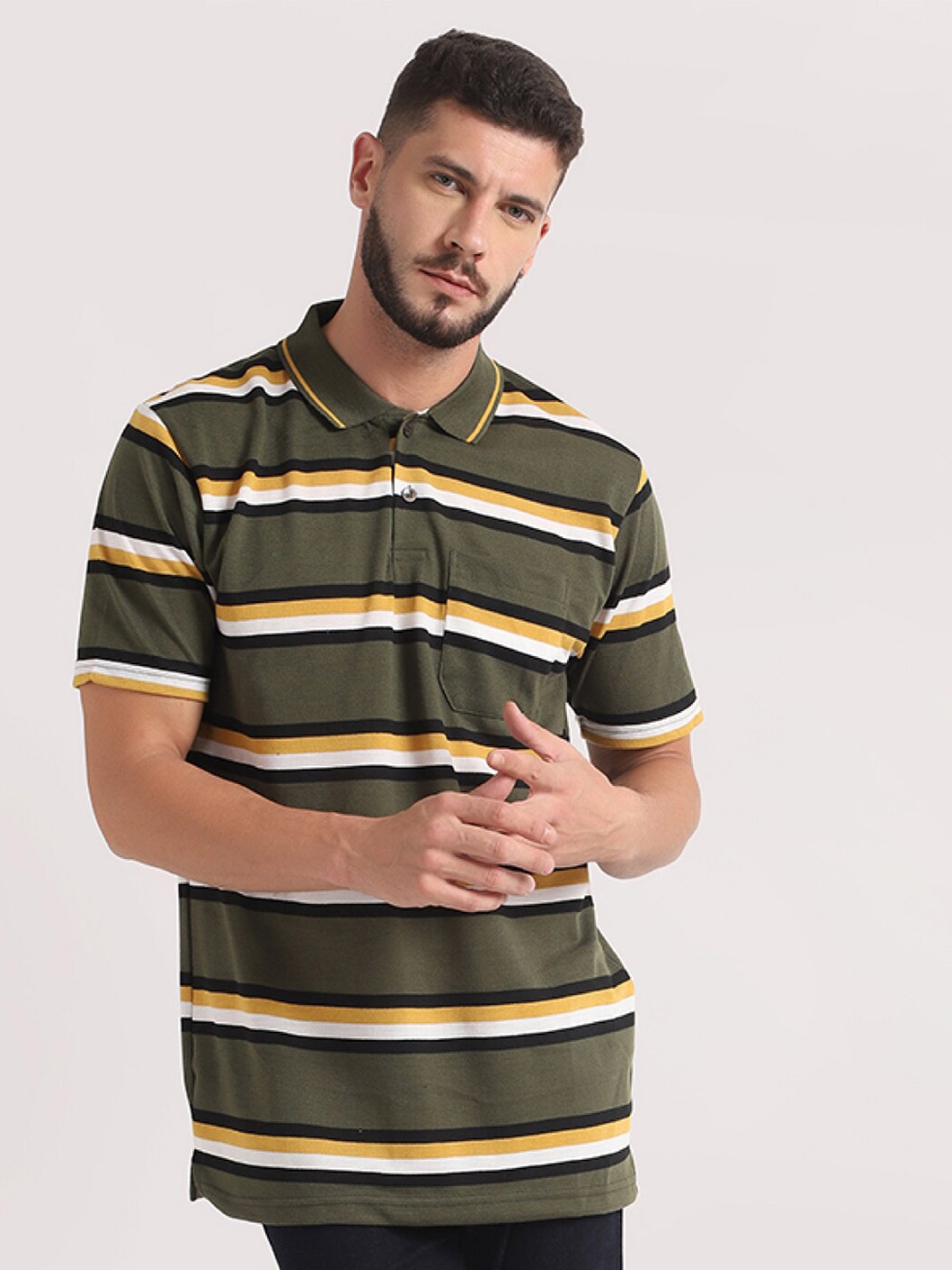 

INKKR Striped Polo Collar T-shirt, Olive