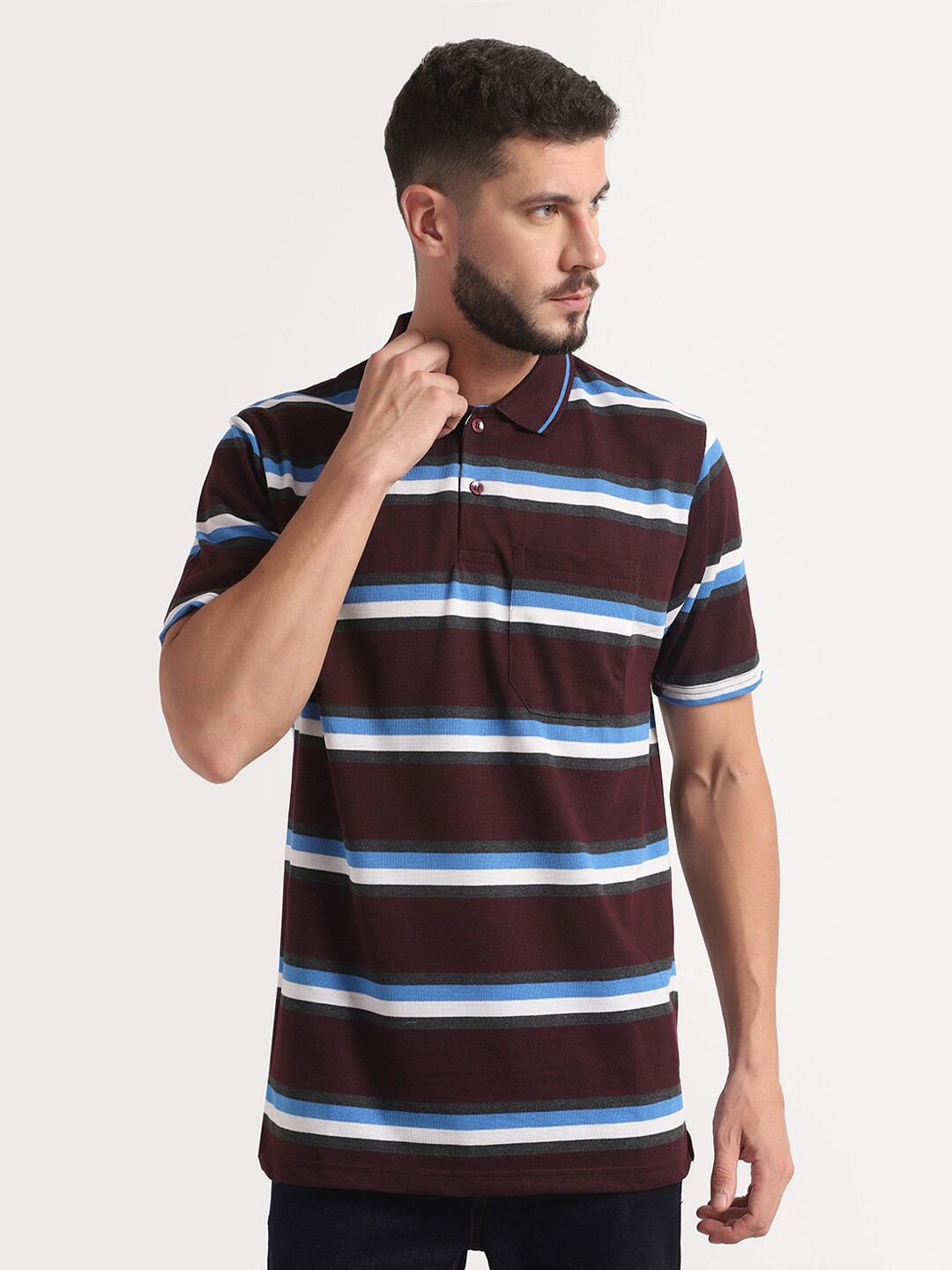 

INKKR Striped Polo Collar Casual T-shirt, Burgundy