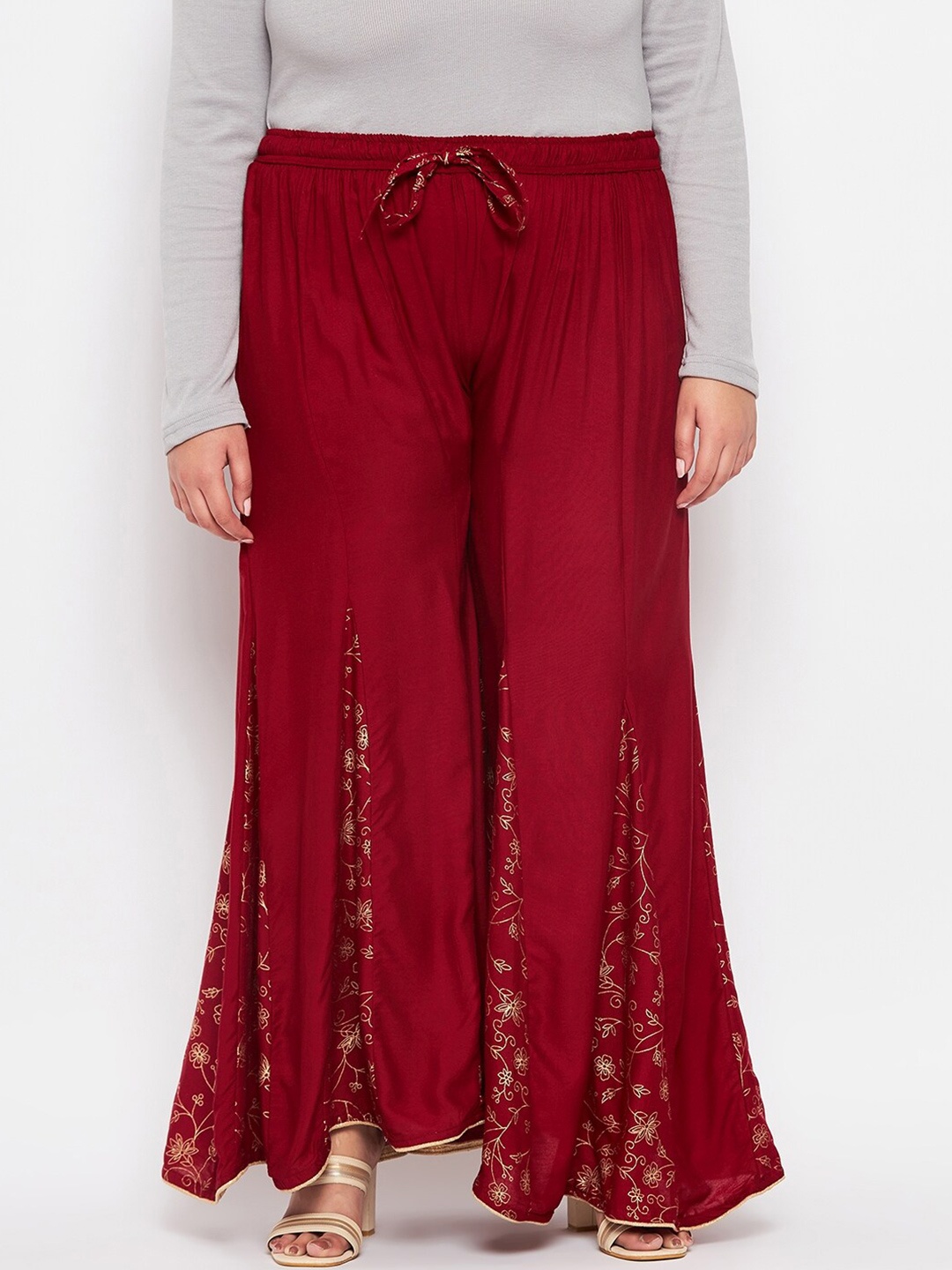 

CLORA CREATION PLUS Floral Printed Flared Palazzos, Maroon