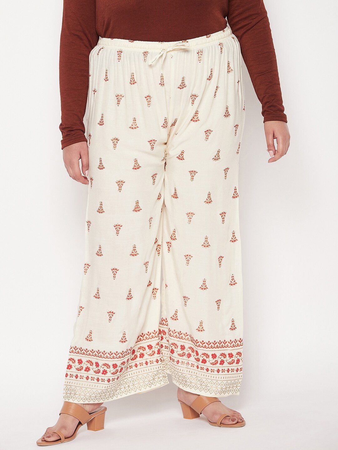 

CLORA CREATION PLUS Women Ethnic Motifs Printed Widr Leg Palazzos, Cream