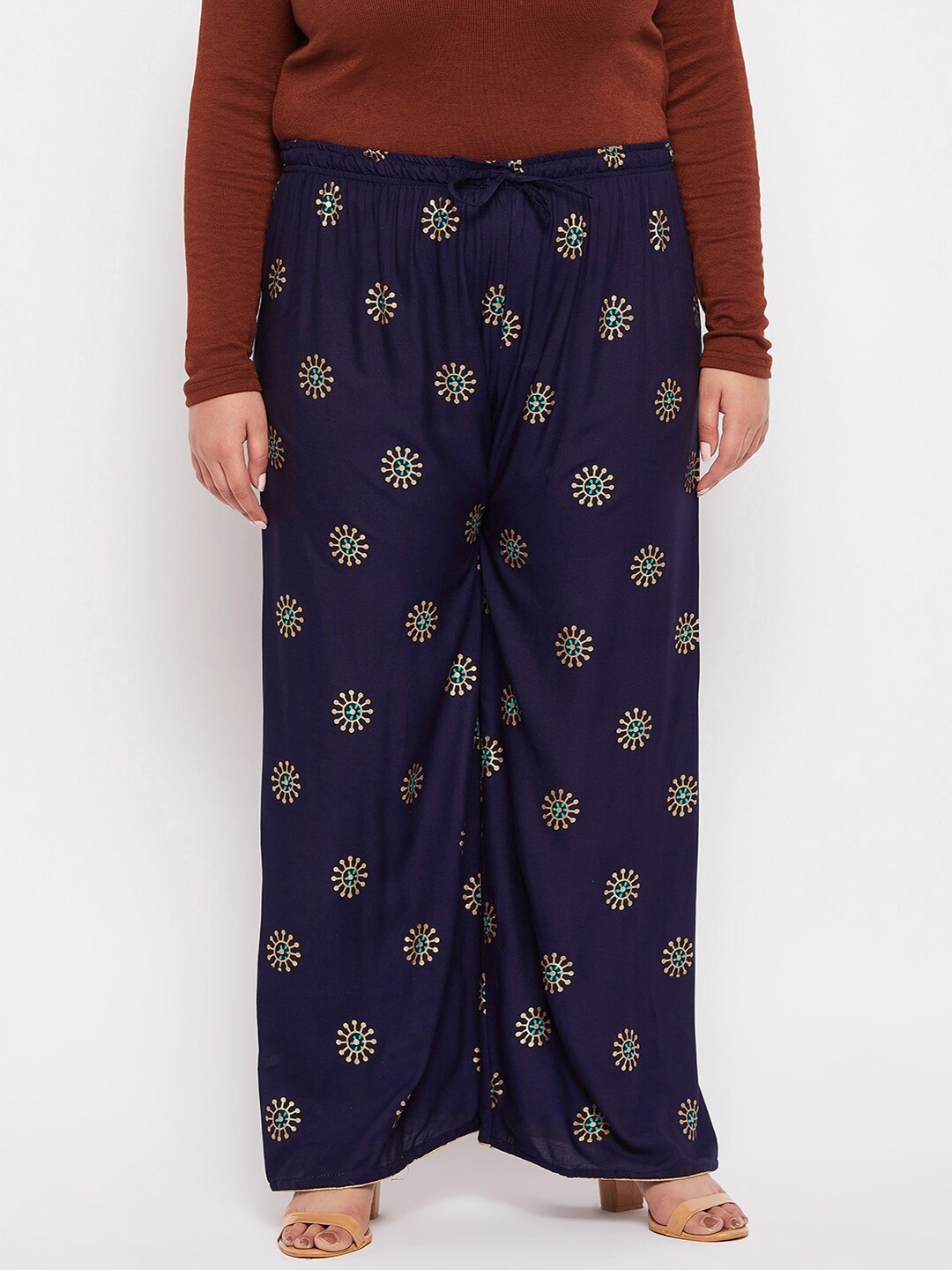 

CLORA CREATION PLUS Women Plus Size Floral Printed Palazzos, Navy blue