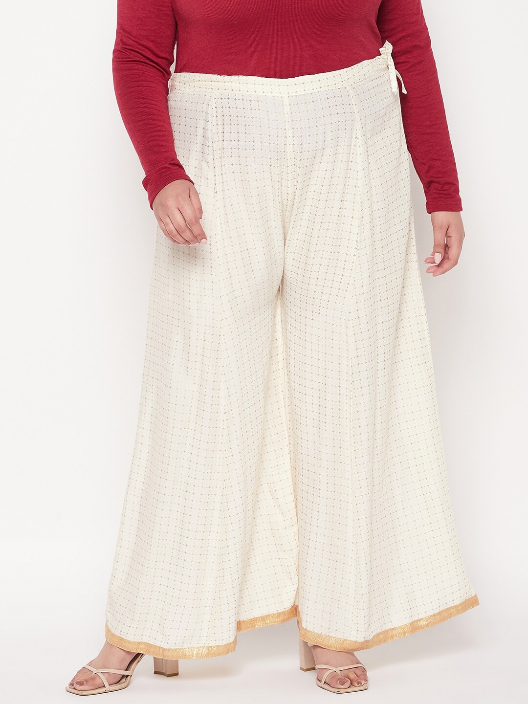 

CLORA CREATION PLUS Women Plus Size Geometric Printed Flared Palazzos, Cream
