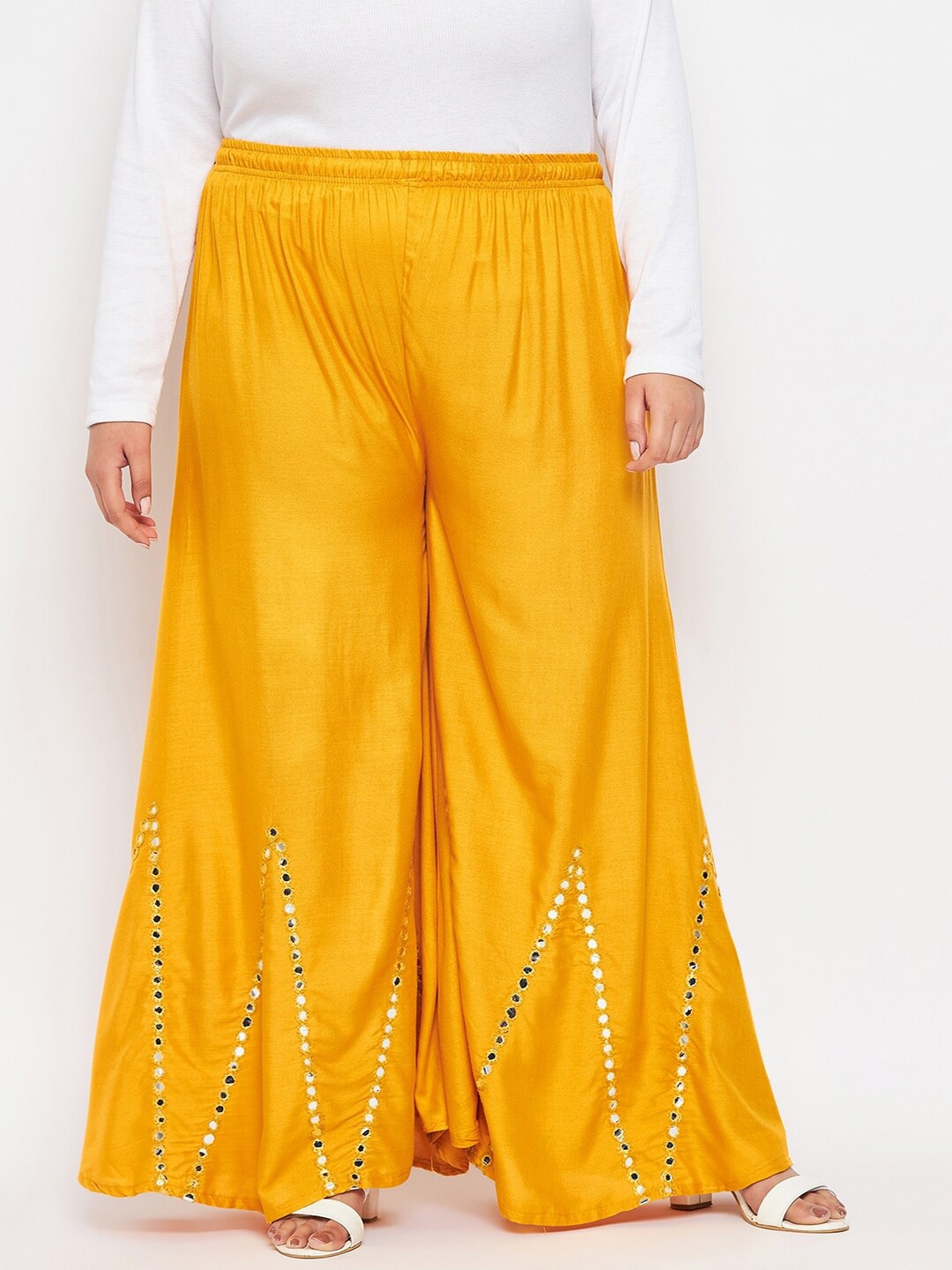 

CLORA CREATION PLUS Women Plus Size Embellished Flared Palazzos, Mustard