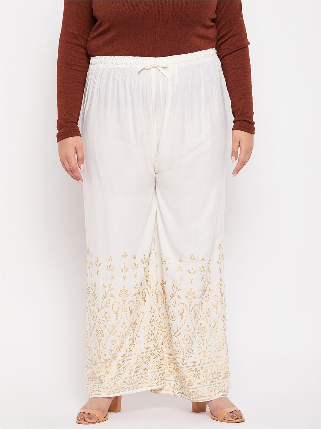 

CLORA CREATION PLUS Women Plus Size Ethnic Motifs Printed Mid Rise Palazzos, Cream