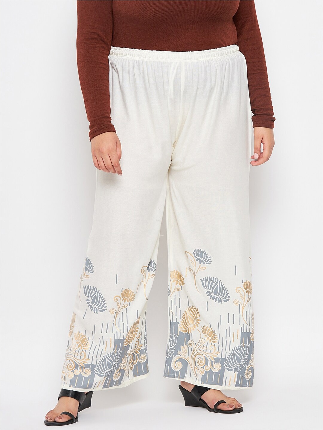 

CLORA CREATION PLUS Women Floral Printed Wide Leg Palazzos, Cream