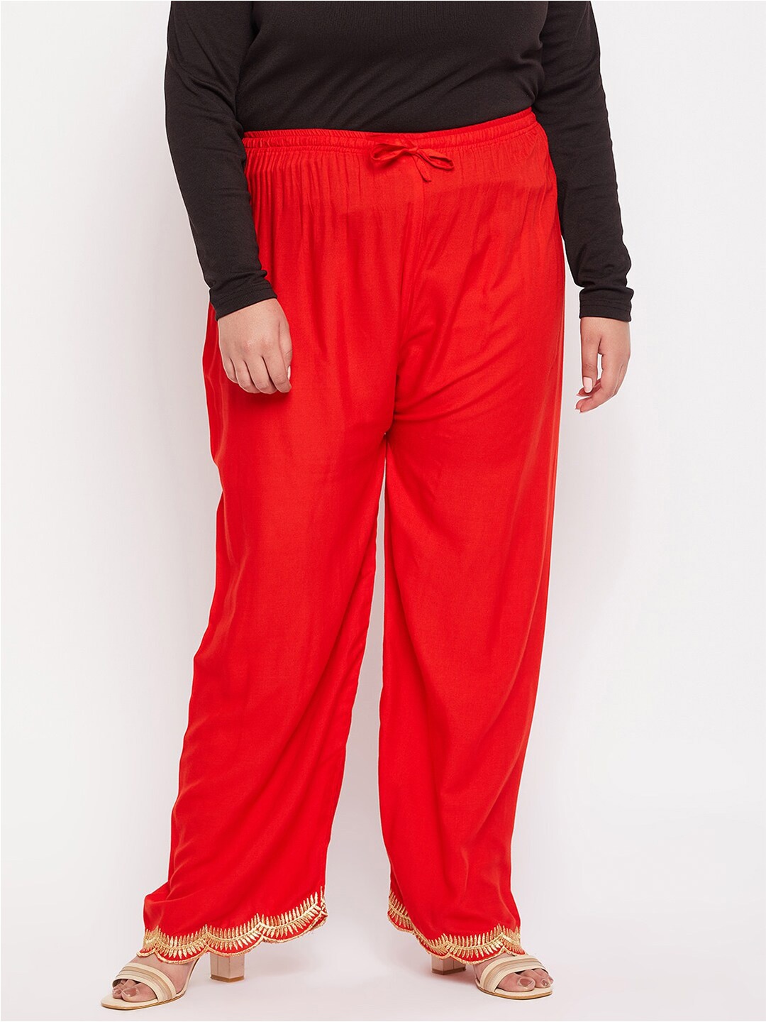 

CLORA CREATION PLUS Women Plus Size Floral Hem Design Palazzos, Red