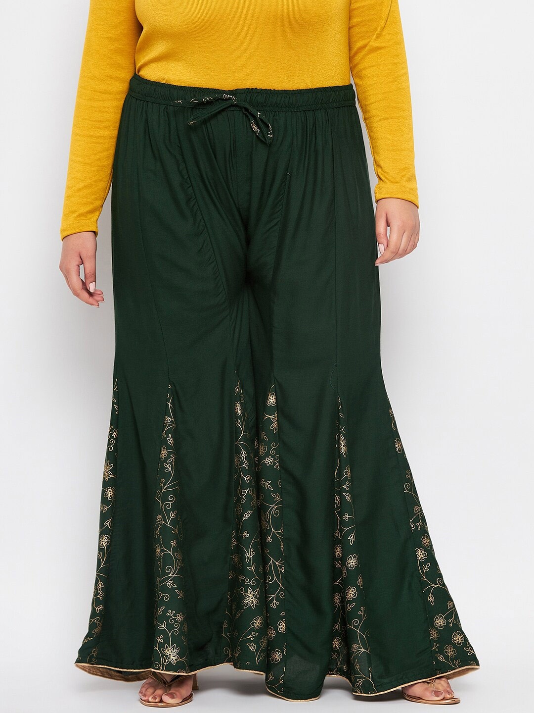 

CLORA CREATION PLUS Women Gold-Toned Ethnic Motifs Flared Palazzos, Green