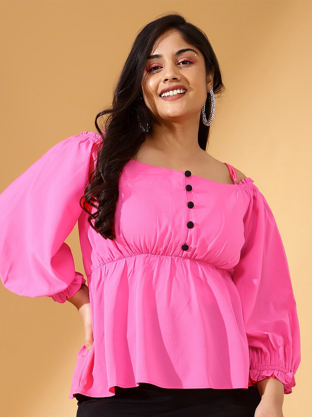

CURVE BY KASSUALLY Square Neck Puff Sleeve Peplum Top, Pink