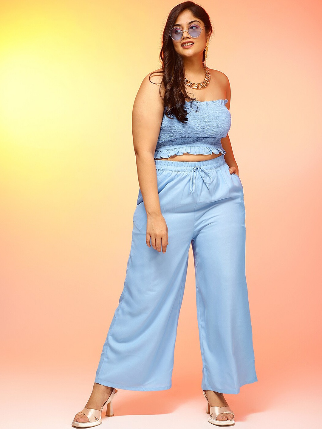 

CURVE BY KASSUALLY Blue Plus Size Crop Tube Top With Palazzos