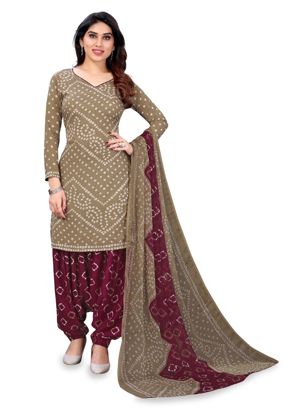 

KALINI Bandhani Printed Unstitched Dress Material, Beige