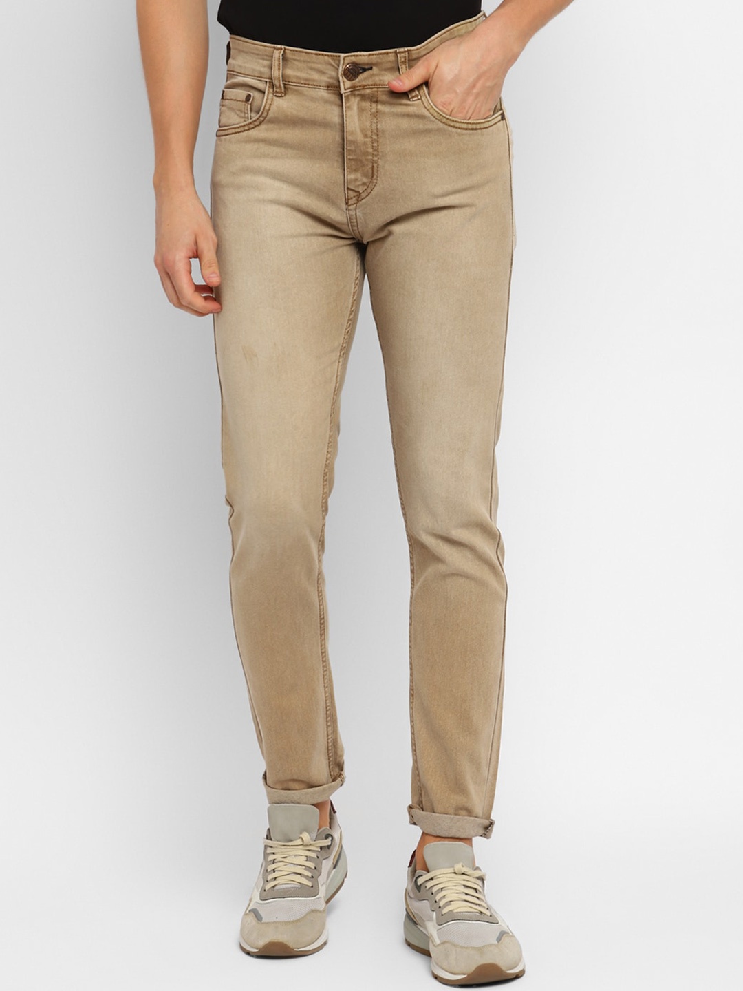 

Routeen Men Mid-Rise Jean Slim Fit Light Fade Stretchable Jeans, Khaki