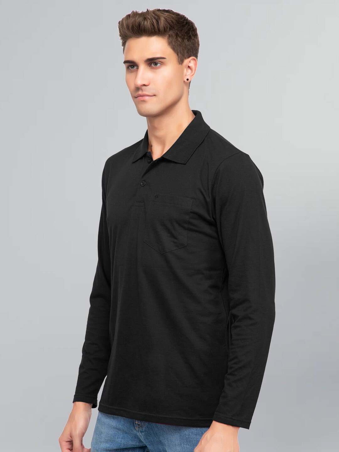 

GODFREY Polo Collar Long Sleeves Cotton T-Shirt, Black