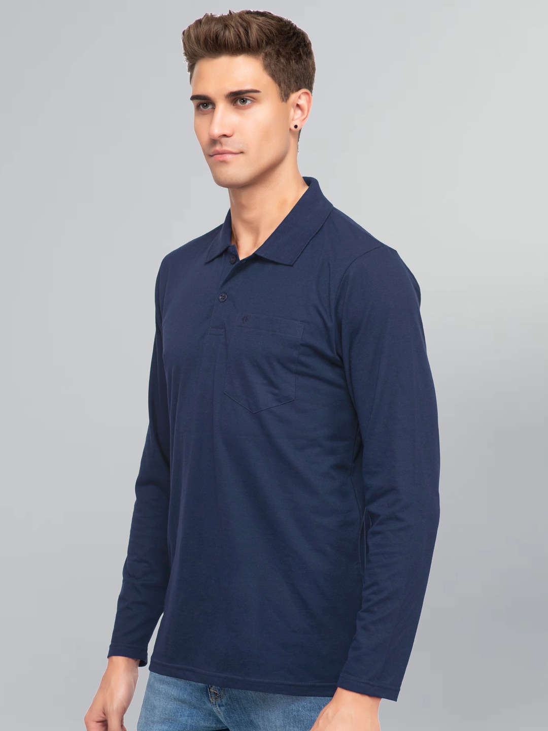 

GODFREY Polo Collar Long Sleeves Cotton T-shirt, Navy blue