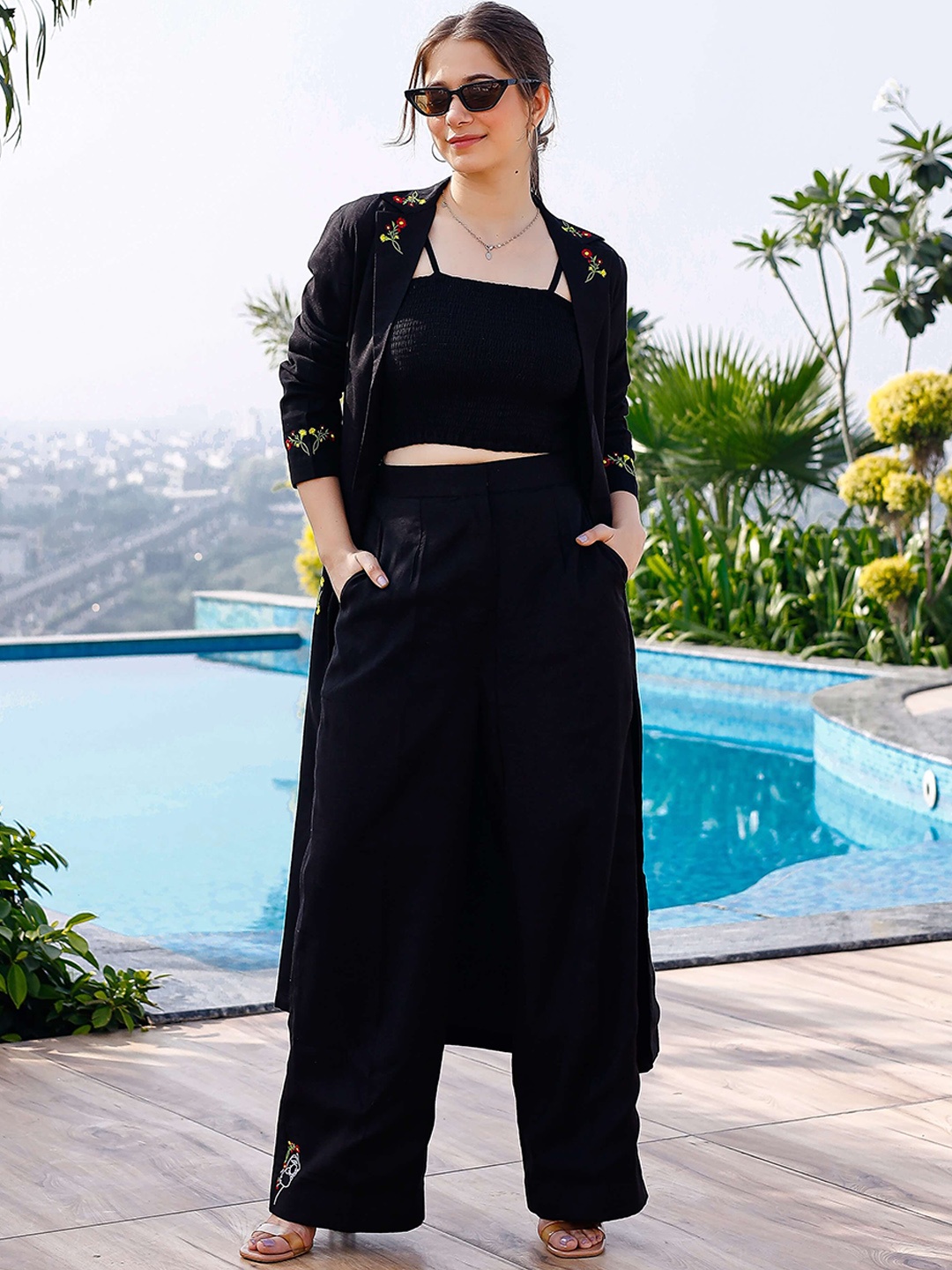 

Lirose Pure Cotton Crop Top With Palazzos, Black