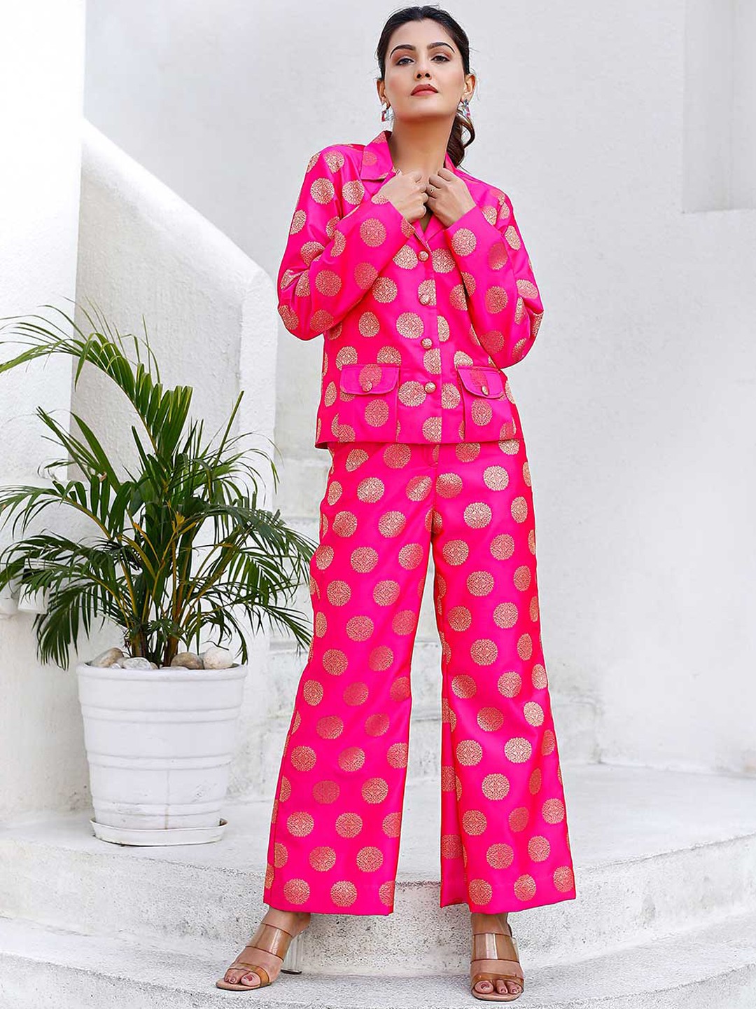 

Lirose Printed Pure Silk Shirt With Palazzo, Pink