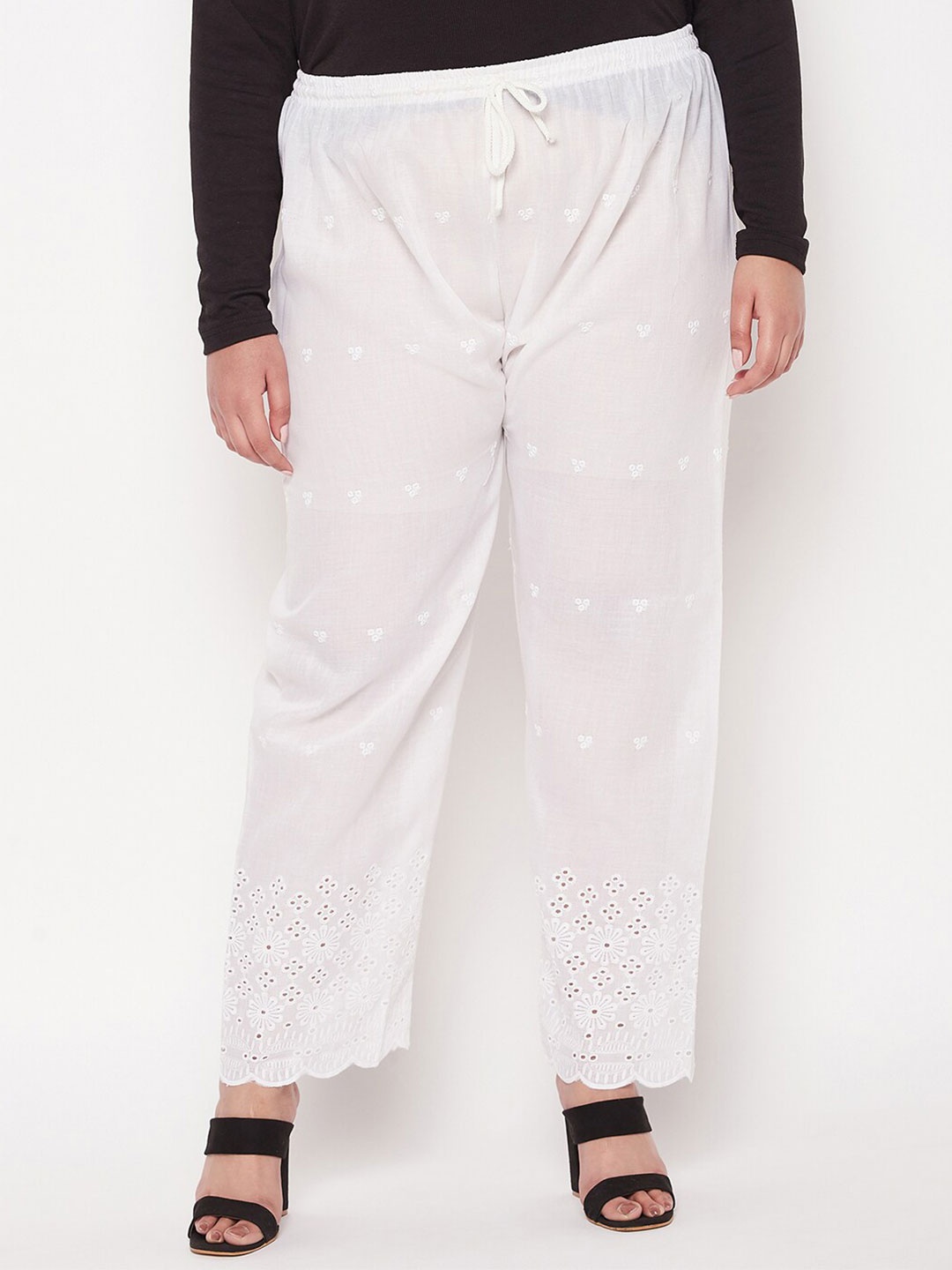 

CLORA CREATION PLUS Women Floral Embroidered Straight Cotton Palazzos, White