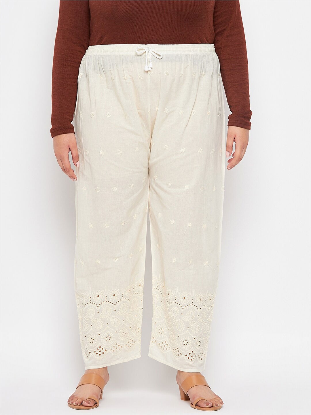 

CLORA CREATION PLUS Women Floral Embroidered Straight Cotton Palazzos, Cream