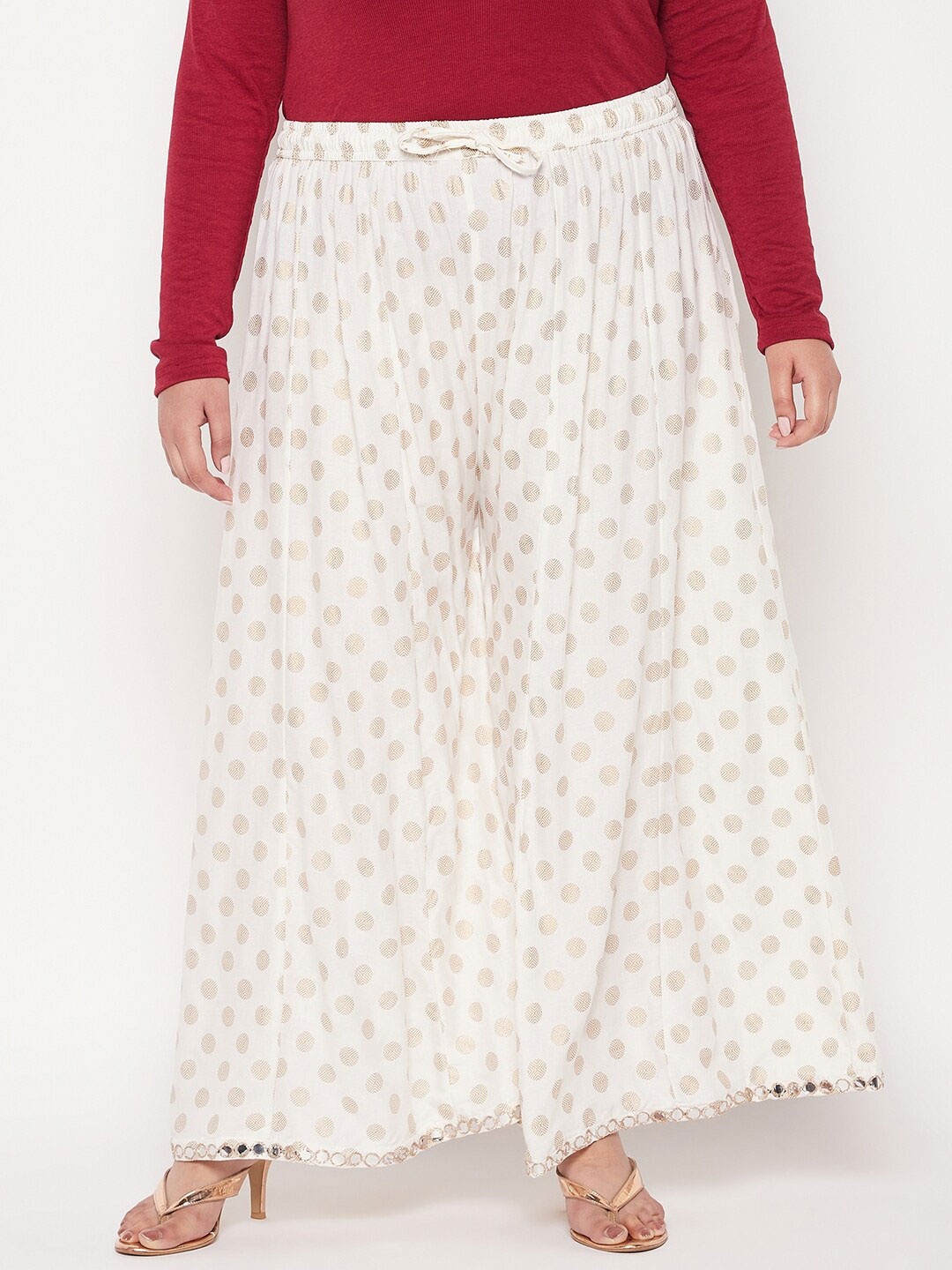 

CLORA CREATION PLUS Women Polka Dots Printed Flared Palazzos, Cream