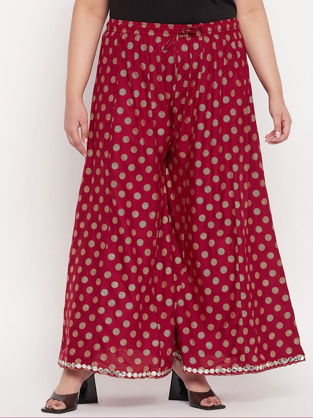 

CLORA CREATION PLUS Plus Size Polka Dots Printed Flared Palazzos, Maroon