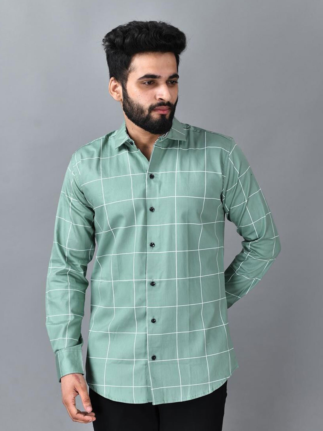 

ETHNIC TRENDZ Men Standard Windowpane Checked Pure Cotton Casual Shirt, Green