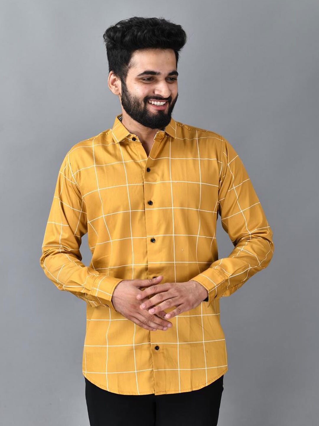 

ETHNIC TRENDZ Standard Tartan Checked Pure Cotton Formal Shirt, Mustard