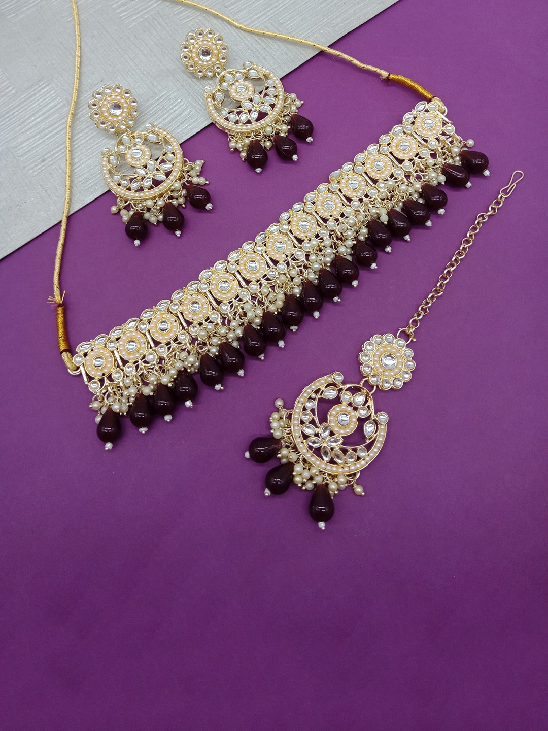 

AASHISH IMITATION Gold-Plated Beaded Necklace With Earrnings & Maang Tikka Set