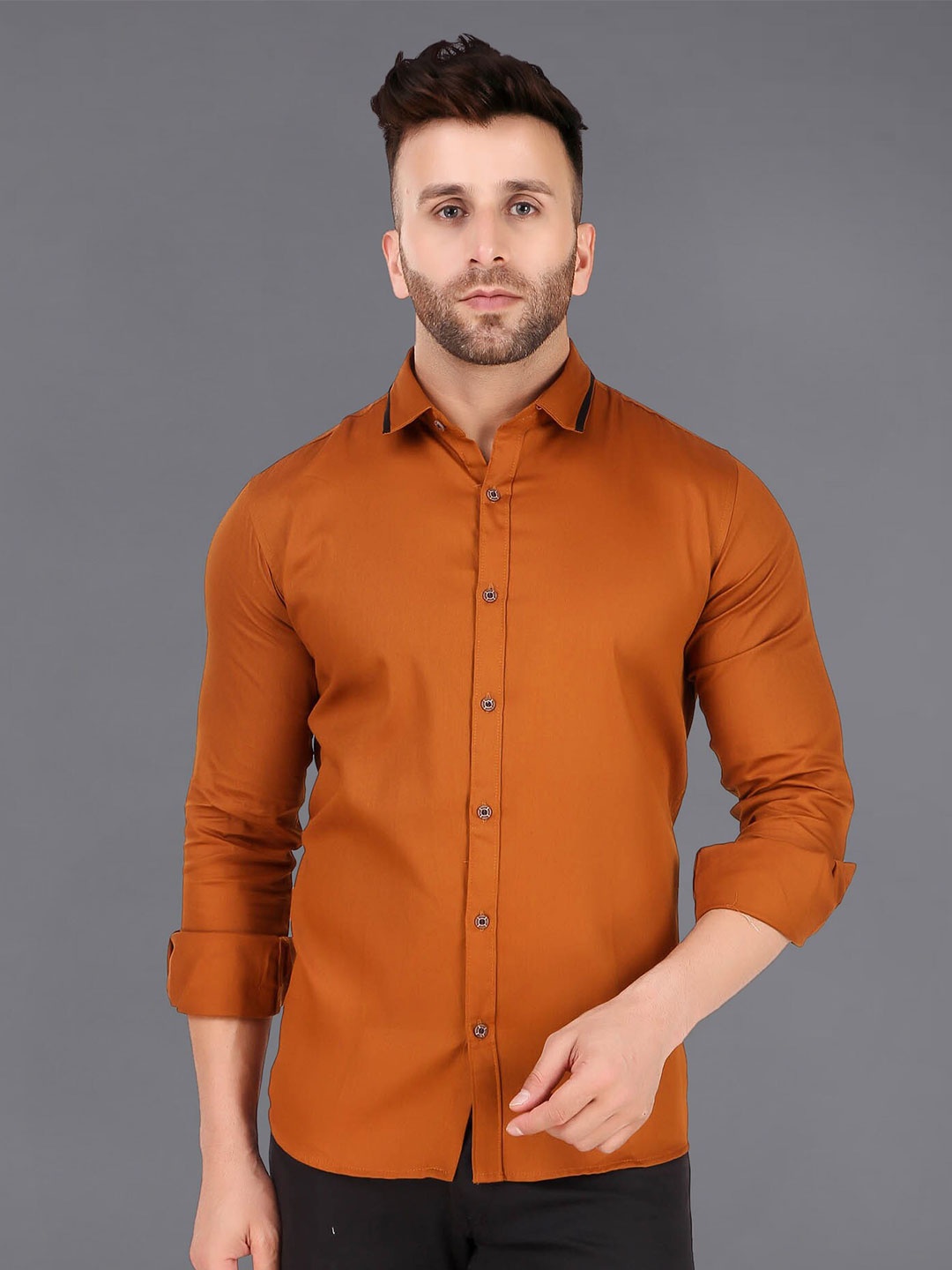 

ADWYN PETER Spread Collar Cotton Casual Shirt, Brown