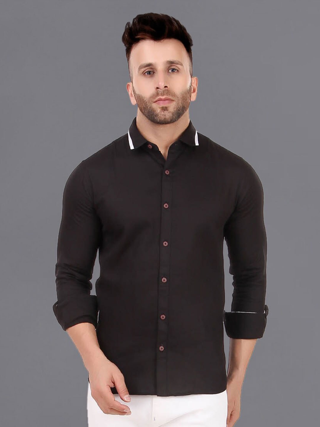 

ADWYN PETER Spread Collar Cotton Casual Shirt, Black