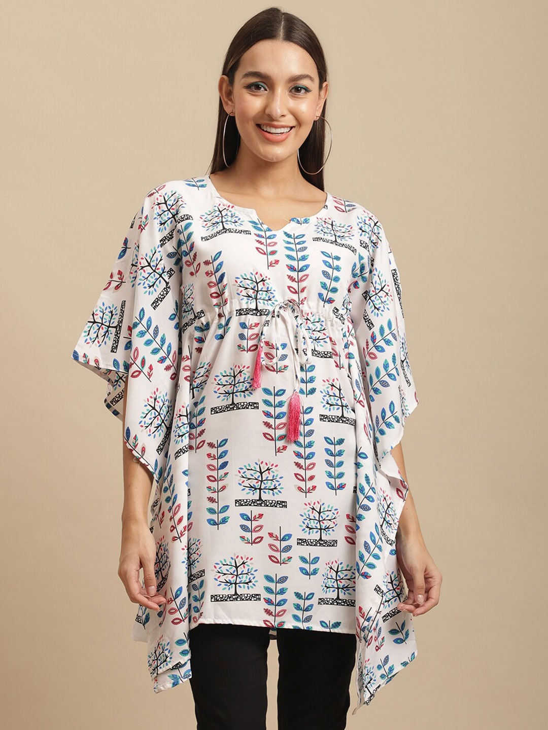 

BAESD Floral Printed Kimono Sleeve Kaftan Longline Top, White