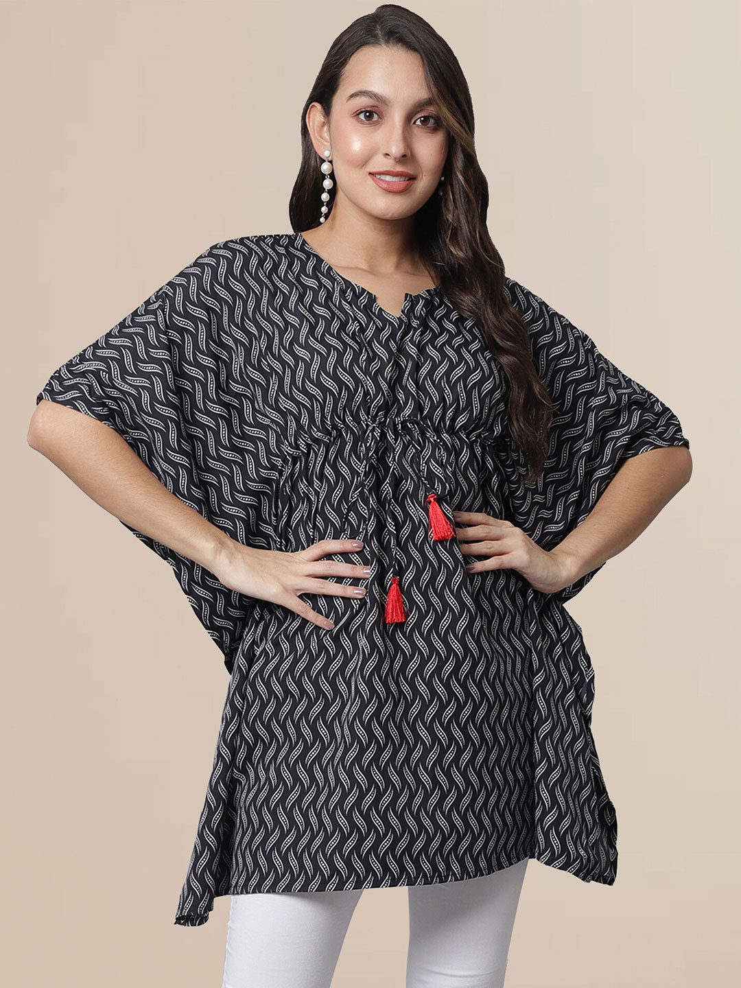 

BAESD Ethnic Printed Tie-Up Neck Extended Sleeves Kaftan Longline Top, Black