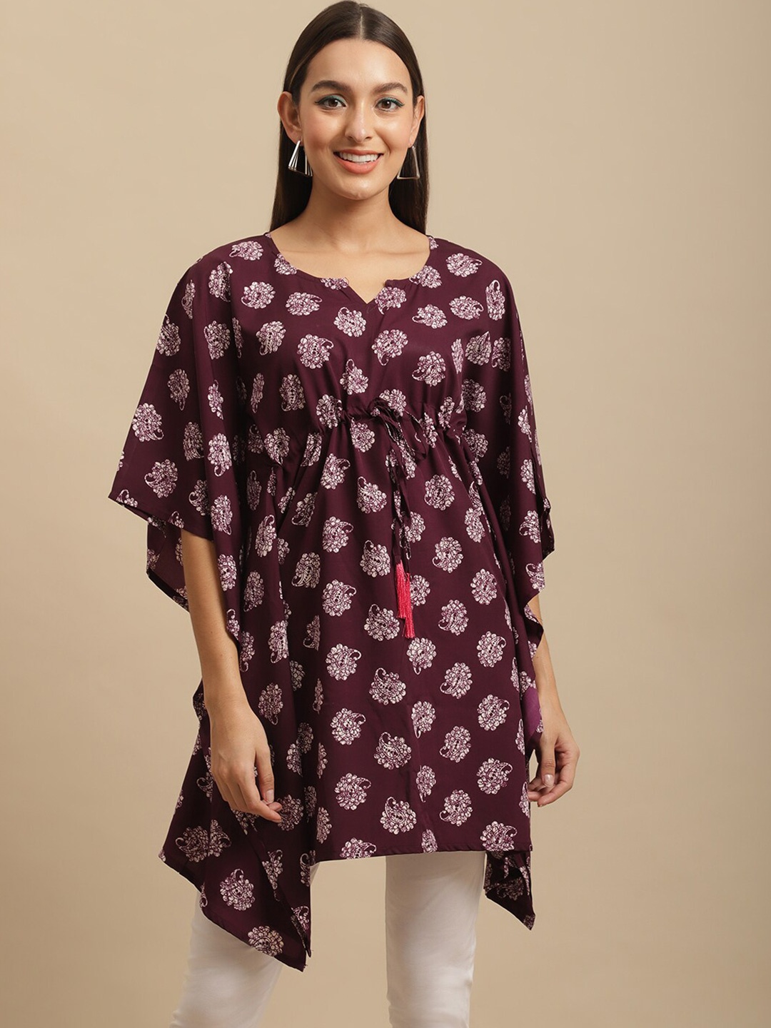 

BAESD Ethnic Motifs Printed Extended Sleeves Kaftan Longline Top, Purple