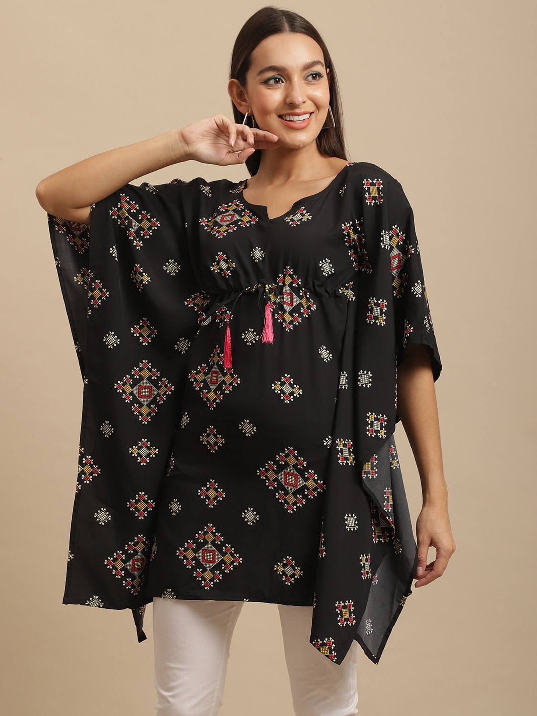 

BAESD Ethnic Motif Printed Extended Sleeves Kaftan Longline Top, Black