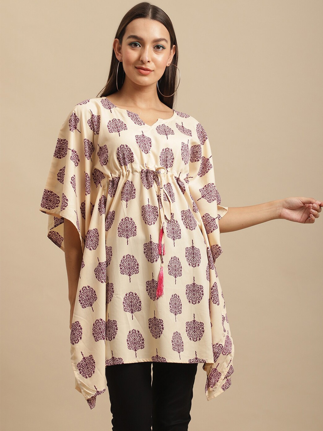

BAESD Floral Printed Extended Sleeves Kaftan Longline Top, Beige