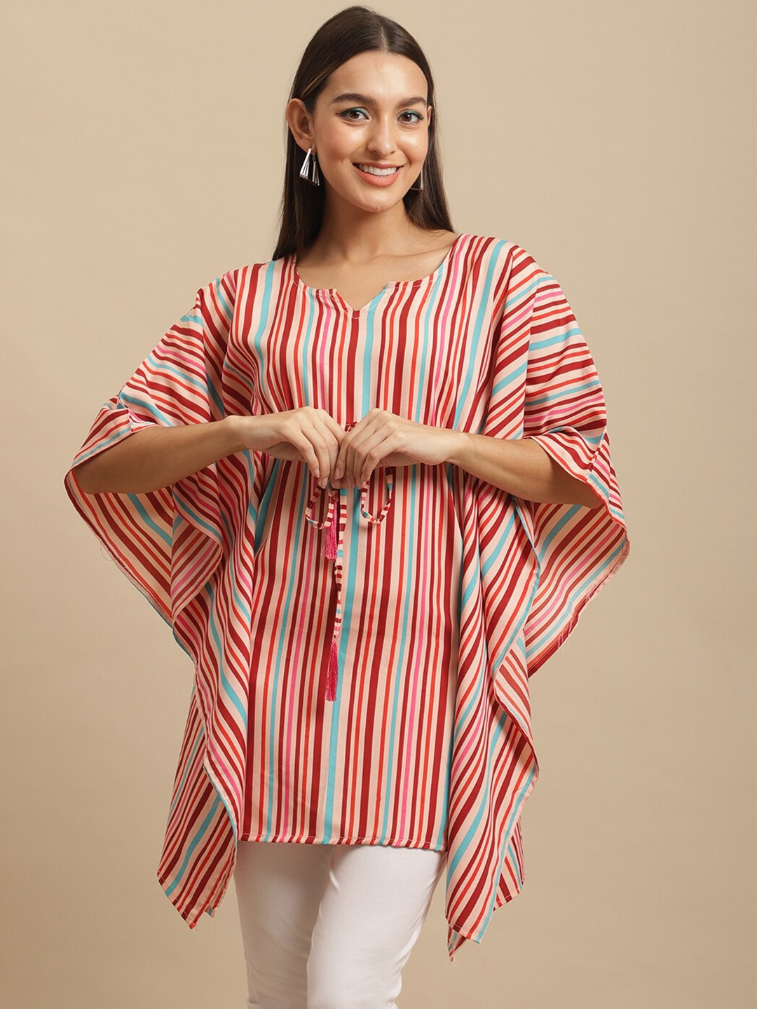 

BAESD Striped Extended Sleeves Kaftan Longline Top, Red