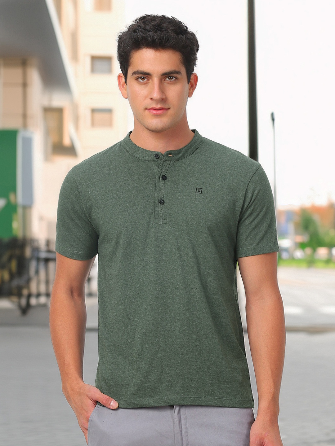 

Urbano Fashion Men Henley Neck Cotton Slim Fit T-shirt, Olive