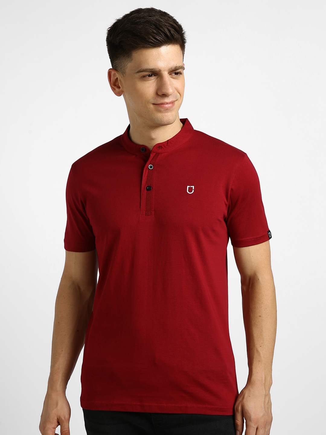 

Urbano Fashion Mandarin Collar Slim Fit Pure Cotton T-shirt, Maroon