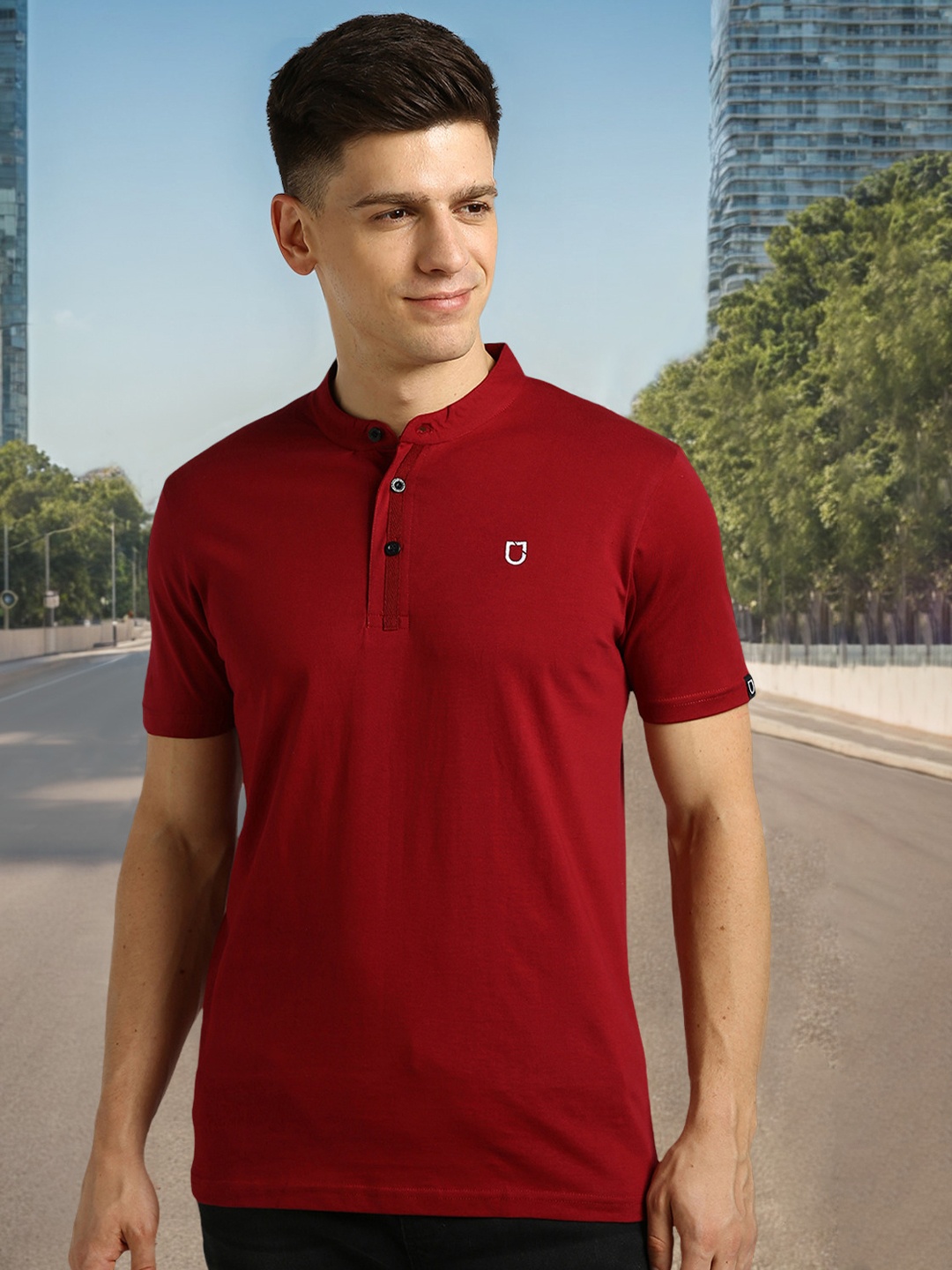 

Urbano Fashion Mandarin Collar Slim Fit Pure Cotton T-shirt, Maroon