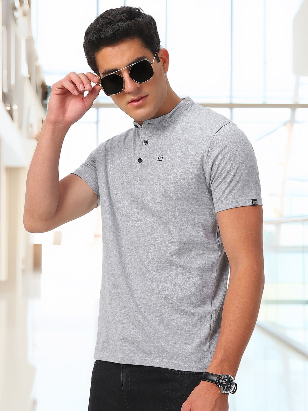 

Urbano Fashion Mandarin Collar Slim Fit Pure Cotton T-shirt, Grey