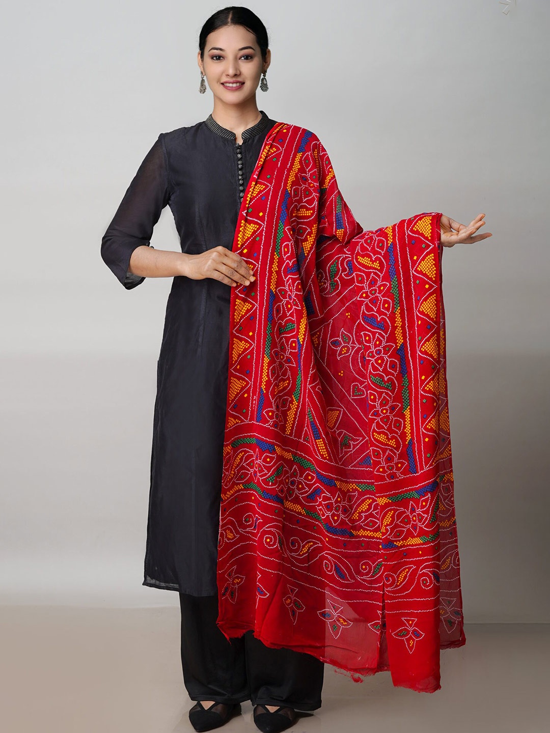 

Unnati Silks Bandhani Printed Silk Dupatta, Red