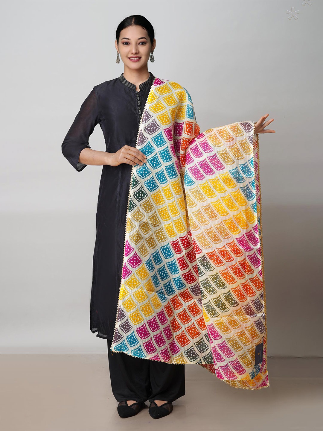 

Unnati Silks Bandhani Printed Gotta Patti Silk Dupatta, Yellow