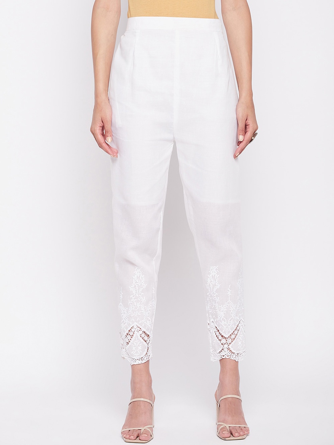 

CLORA CREATION PLUS Women Smart Easy Wash Pleated Cotton Cigarette Trousers, White